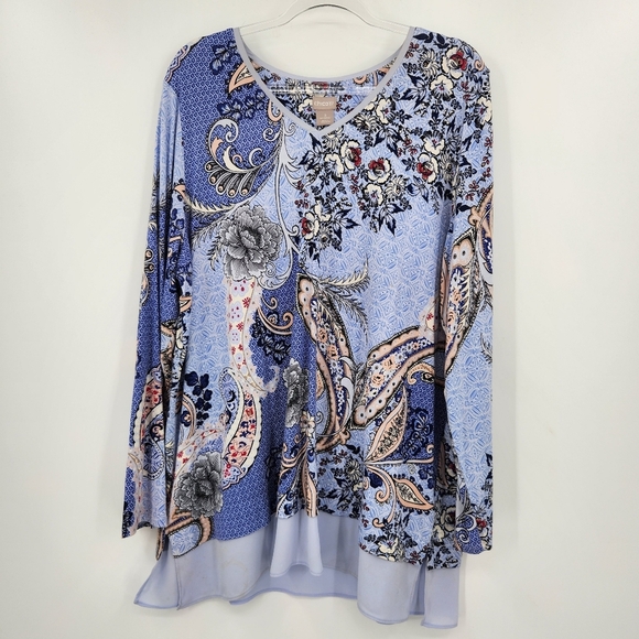 Chicos 3 Floral Print Long Sleeve Tunic Top Womens Size XL Periwinkle V Neck - Picture 1 of 6